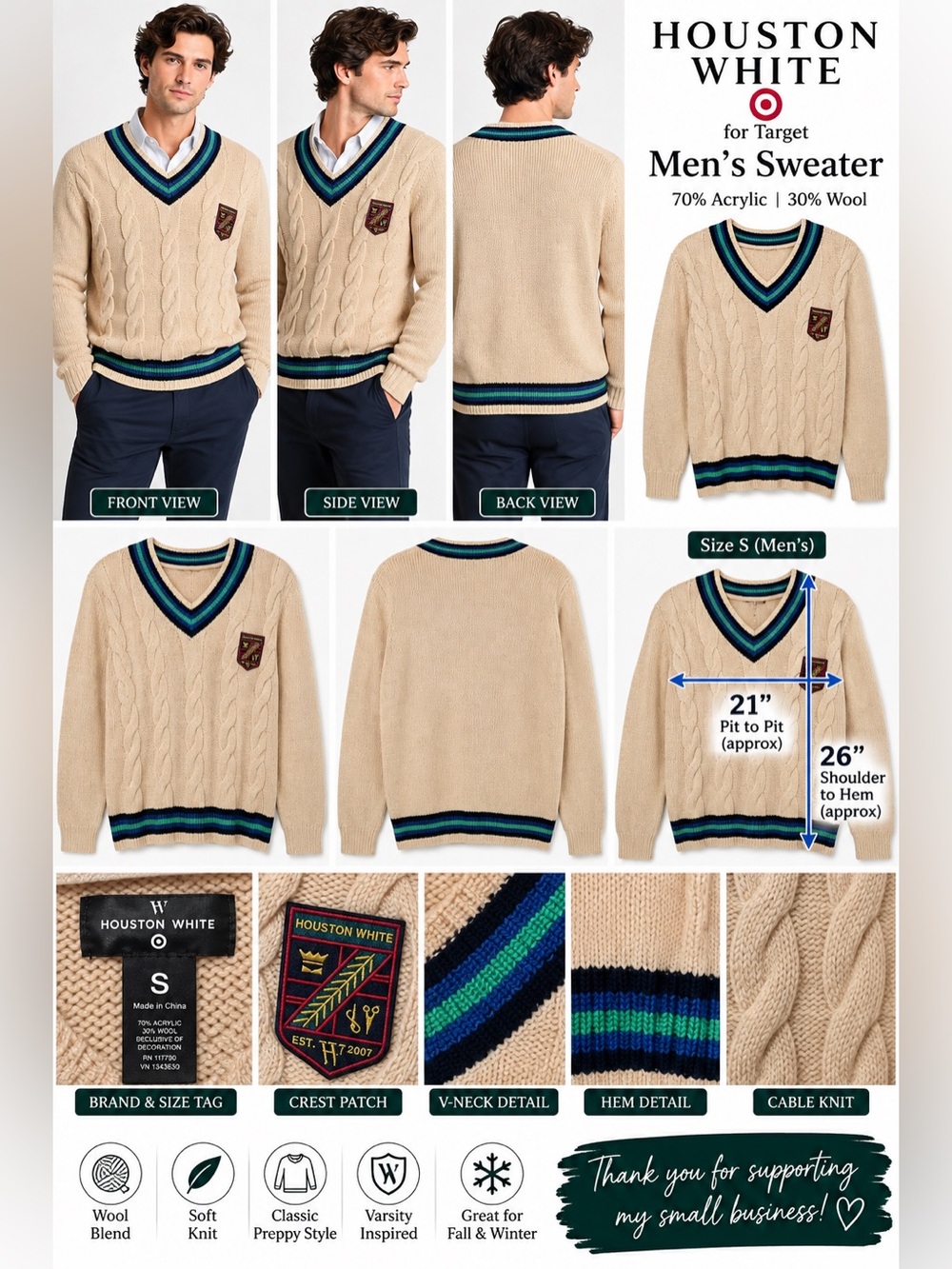 Houston White X Target Men’s S Cable Knit Cricket Sweater Wool Blend Cream